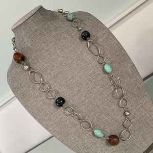 Vtg Silver, Wood and Turquoise Necklace